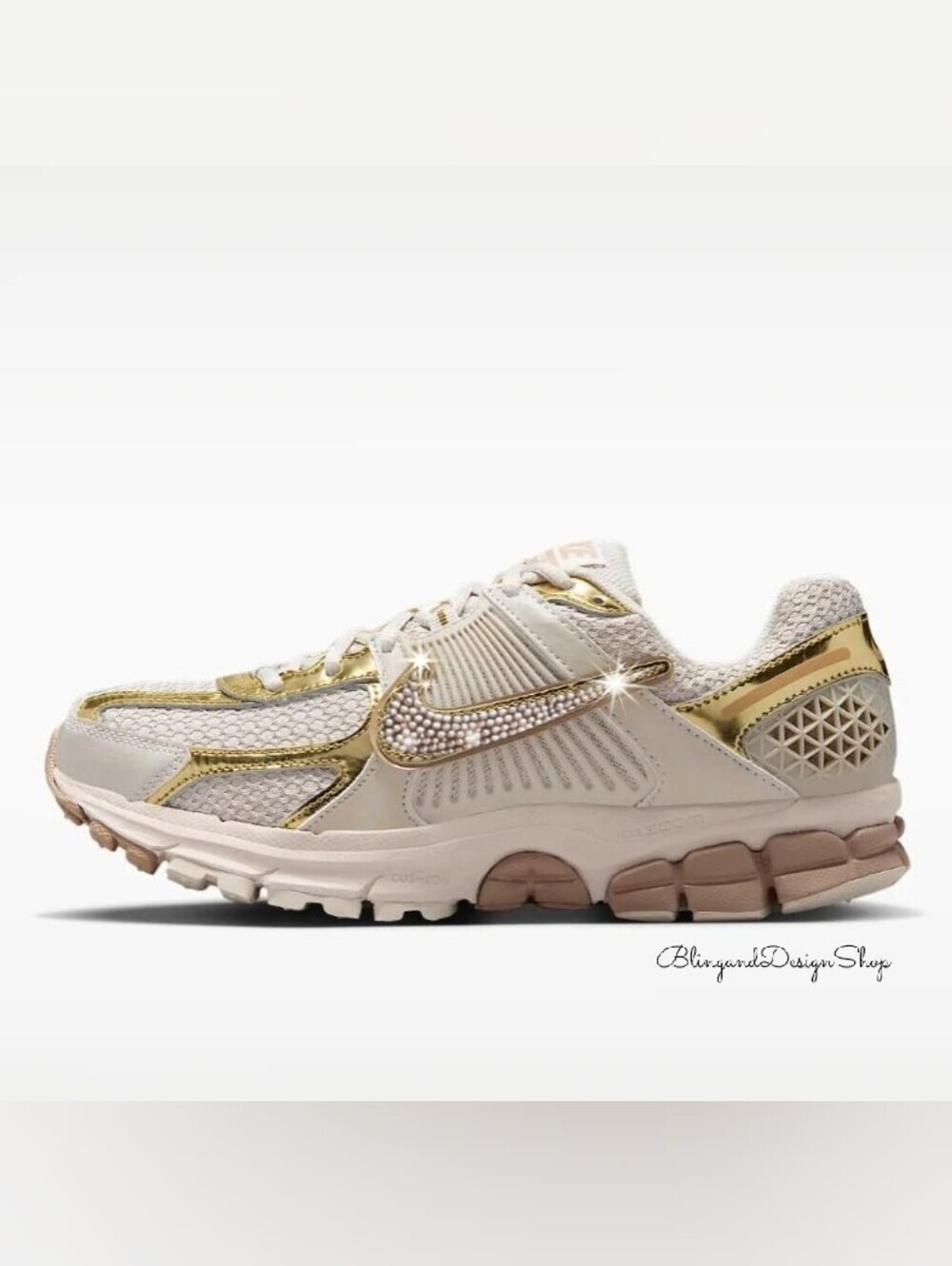 Bling Nike Zoom Vomero 5 Women's Gold Sneakers Shoes Custom With Gold Crystals